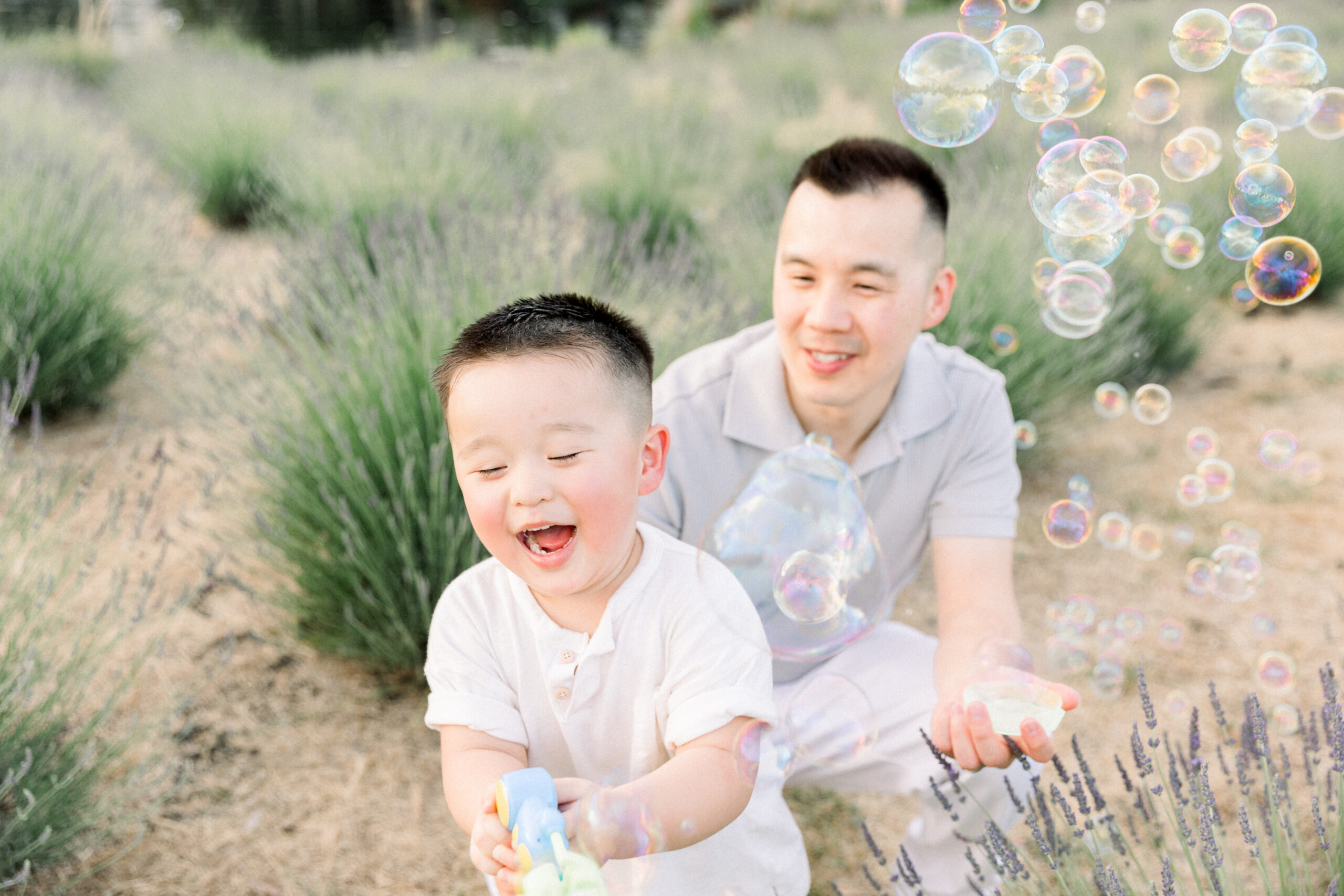boy and father with bubbles in lavender farm near sacramento taken by kelsey krall photography